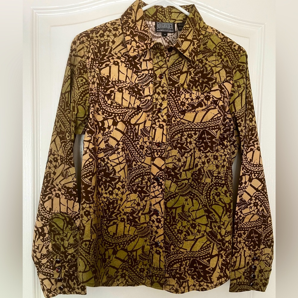 Vintage RoughRider By Circle T Brown Green Coastal Western Snap Shirt Sz M, NWOT - Picture 6 of 13